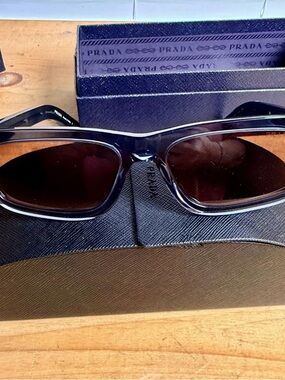 Prada Black Rectangular Sunglasses with Dark Brown Lenses